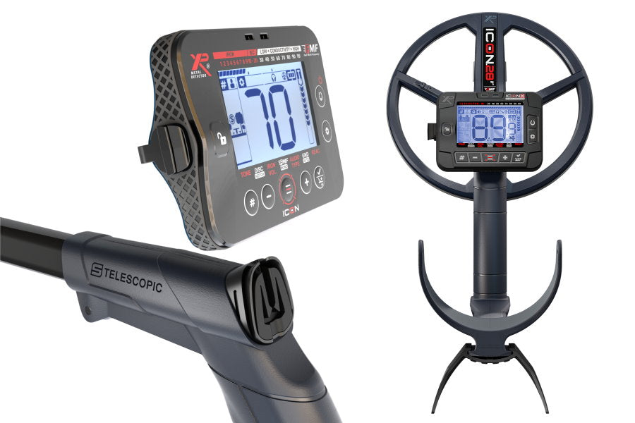 Metalldetektor XP IconX mit 28cm Suchspule und WSA Stereo-Funkkopfhörer Gruppenbild Gestänge, Display & Rückansicht
