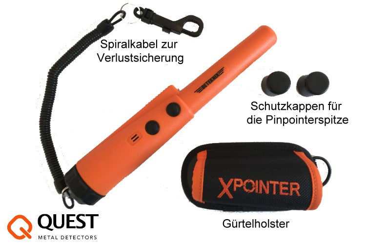 Quest Xpointer Pinpointer orange (neuestes Modell) mit Gürtelholster, Schutzkappen für die Pinpointerspitze & Spiralkabel zur Verlustsicherung